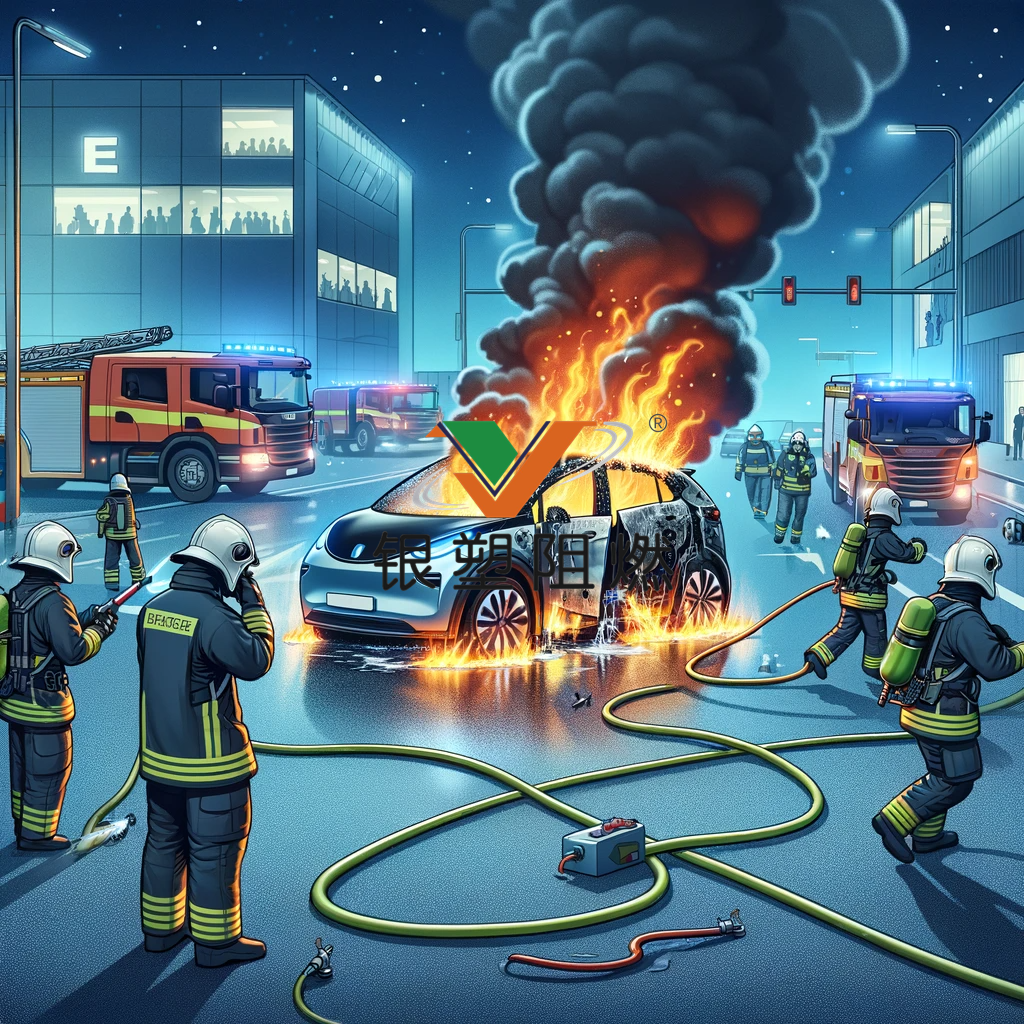 DALL·E 2024-01-30 11.50.06 - A digital illustration depicting a cautionary scenario involving new energy vehicles (NEVs) causing a fire. The scene shows emergency services respond.png