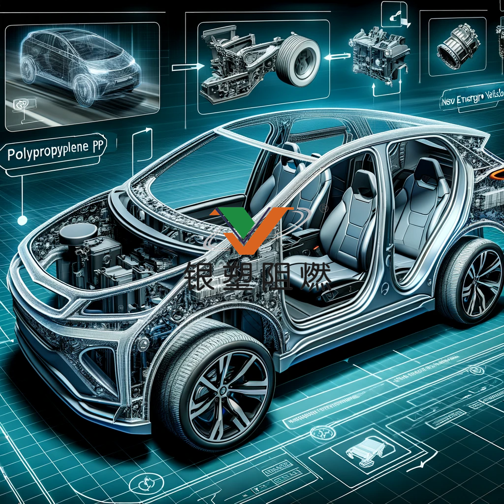 DALL·E 2024-01-30 11.50.18 - A digital illustration highlighting the use of polypropylene (PP) material in new energy vehicles (NEVs). The scene depicts a close-up view of various.png